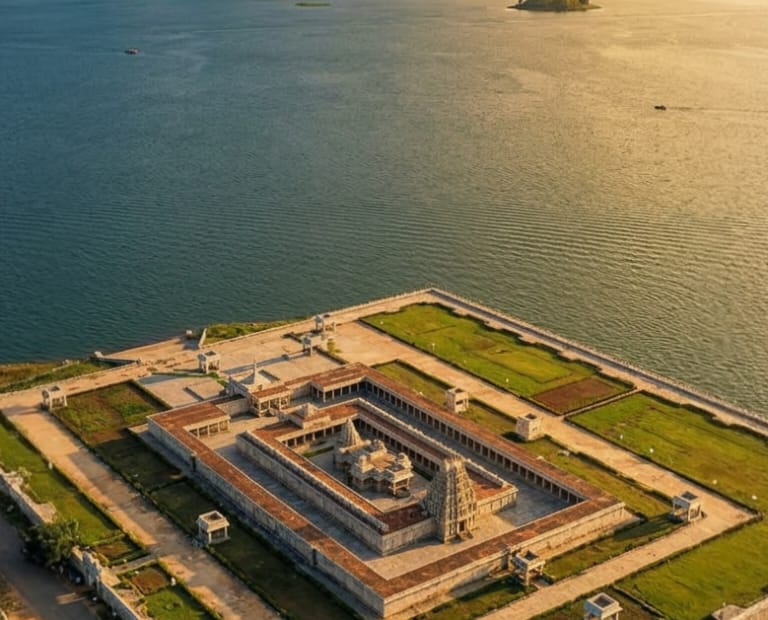 వేణుగోపాల స్వామి ఆలయం ఏరియల్ వ్యూ – KRS బ్యాక్వాటర్స్ మధ్య హోసకన్నంబాడిలో పునర్నిర్మిత హోయసల ఆలయం సూర్యాస్తమయం దృశ్యం మైసూర్ కర్ణాటక