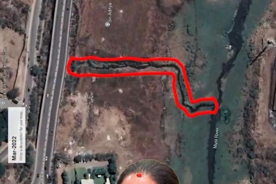 మూసీ నది శాటిలైట్ వ్యూ మరియు బీఆర్ఎస్ నాయకురాలు కవిత ప్రెస్ మీట్ ఫోటో