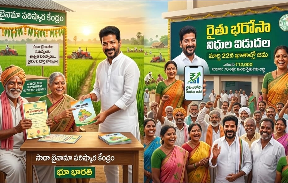 తెలంగాణ ముఖ్యమంత్రి రేవంత్ రెడ్డి రైతు భరోసా నిధుల విడుదల మరియు సాదా బైనామా పరిష్కార పోస్టర్
