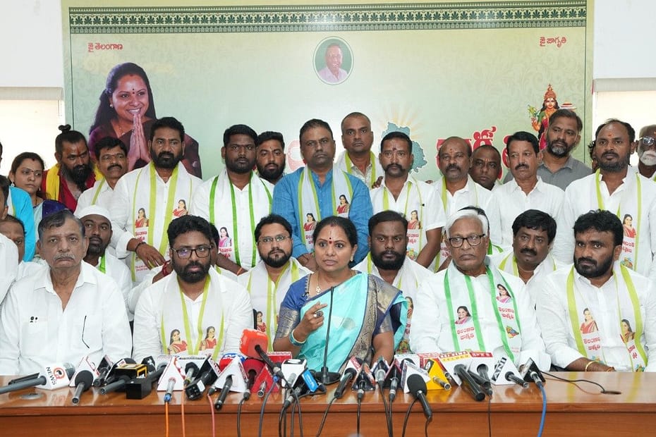 Kalvakuntla Kavitha addressing media about her new political party.