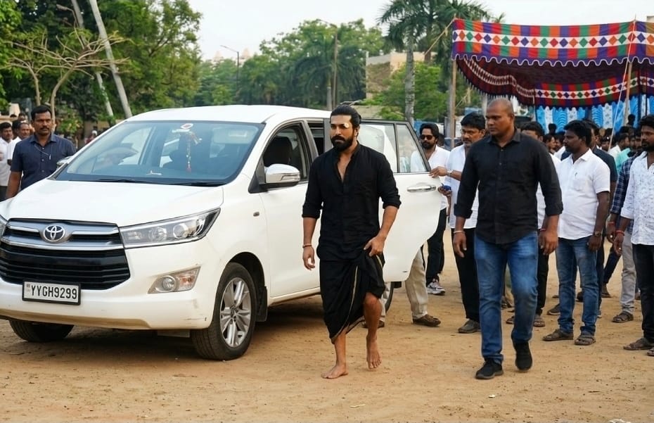 Ram Charan with eye bandage on Peddi movie sets.